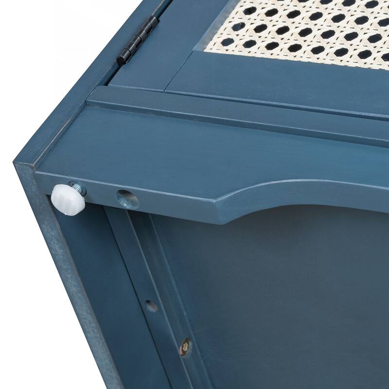 Rustic Storage Bench Multifunctional Wood Entryway Shoe Bench with Removable Cushion, Woven Rattan Doors & Adjustable Shelves