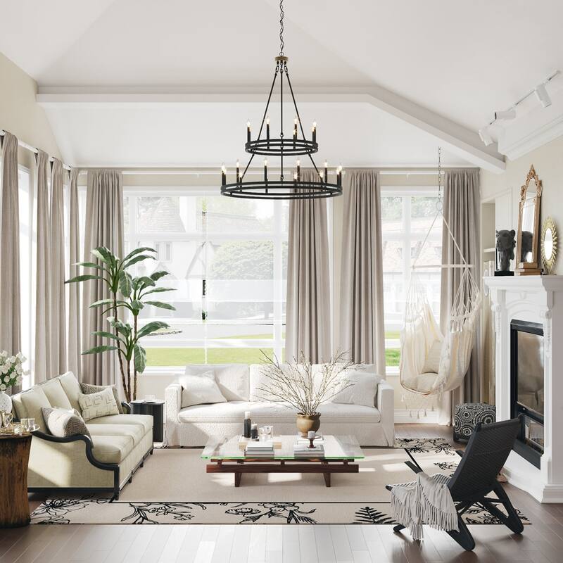 Acroma 20 - Light Living Room Steel Candle Style Wagon Wheel Chandelier - 39.5'' W x 39.5'' D x 47.5'' H