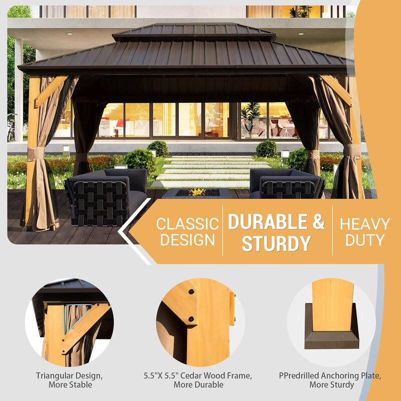 GDFStudio - Harper Outdoor Gazebo with Cedar Wood Frame and Galvanized Steel Double Roof