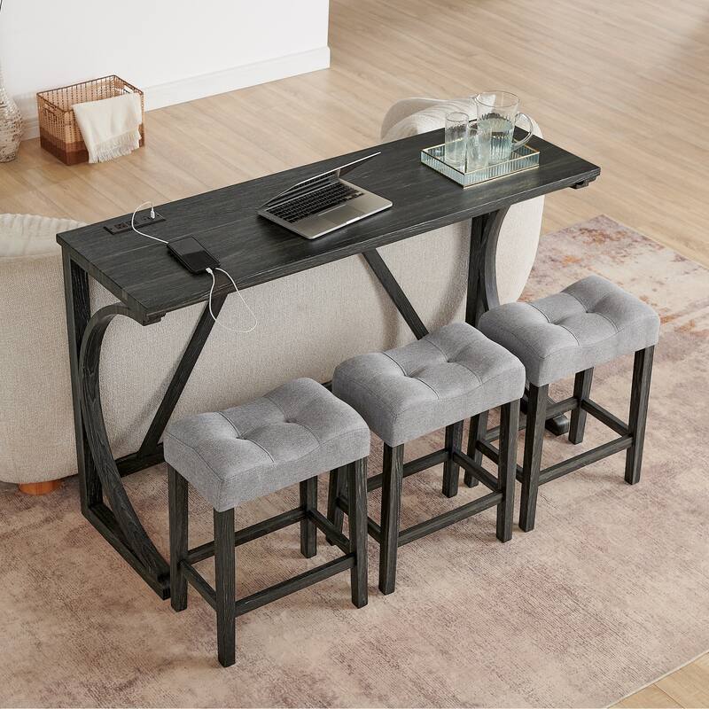 59" Bar Table Set with Power Outlet, Industrial Breakfast Table with 3 Stools, 4 Piece Counter Height Bar Table and Chair Set