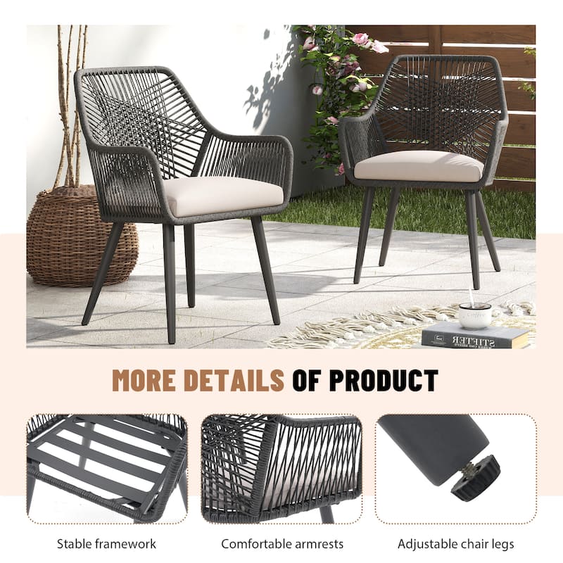 Outdoor Patio Woven Rope Dining Chairs With Armrest and Seat Cushions