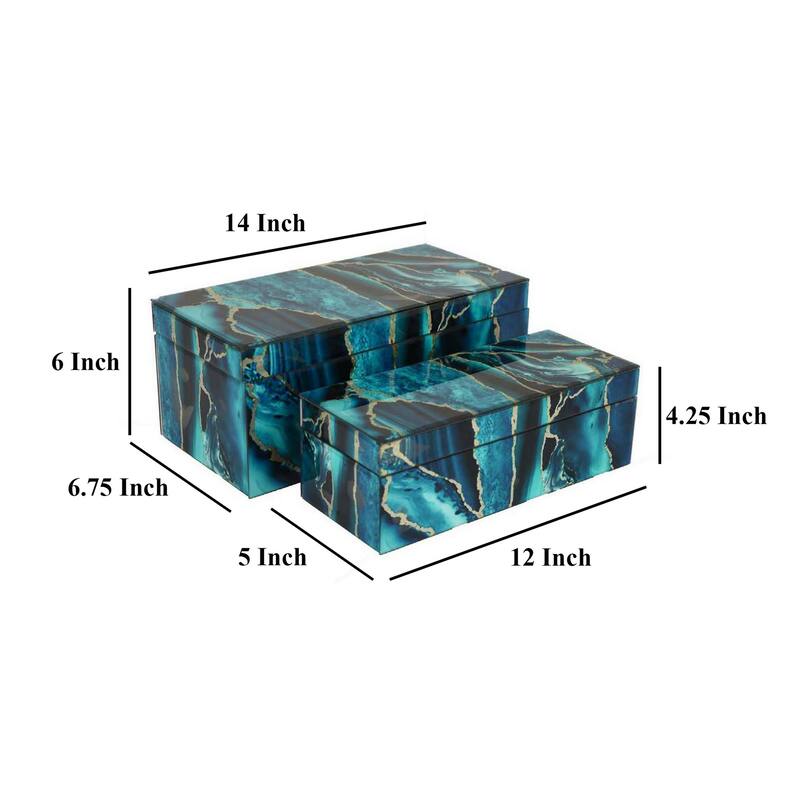 Dory Decorative Box Set of 2, Deep Blue Black Faux Marble Accent Glass