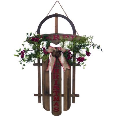 Transpac Wood 28 in. Brown Christmas Merry Sled Decor