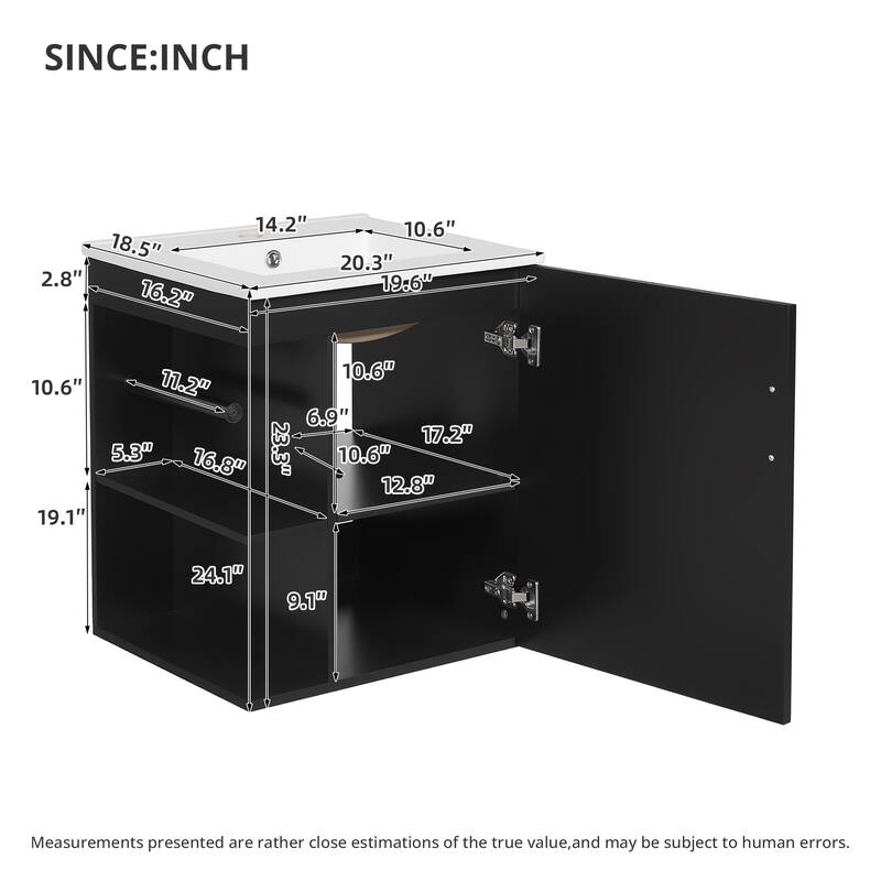 20" Small Floating Bathroom Vanity with Ceramic Sink Combo, Wall Mounted Bathroom Cabinet with Side Shelf