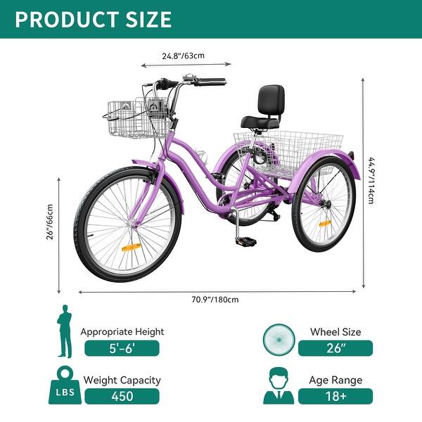 Moasis 26" Adult Tricycle 3 Wheel Bikes 7 Speed Trike Low Step Through Cruiser Bike
