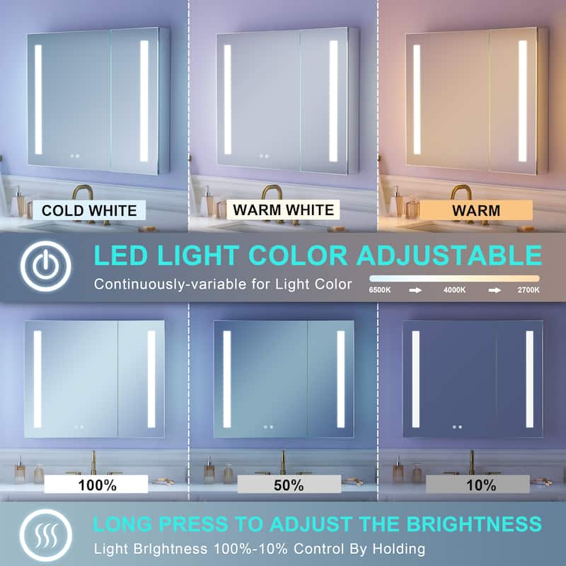 Recessed or Surface 30" H LED Mirror Cabinet with Adjustable Glass Shelves,Defogger, Dimmer And Outlets & USB Ports