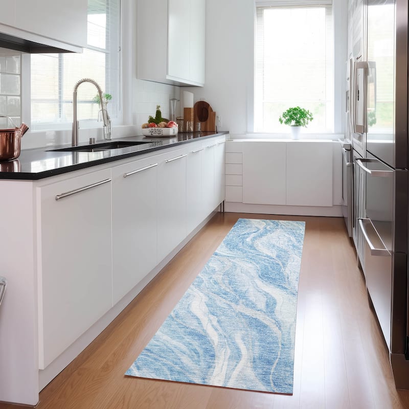 Machine Washable Indoor/ Outdoor Chantille Moden Waves Rug - Blue - 2'3" x 7'6"