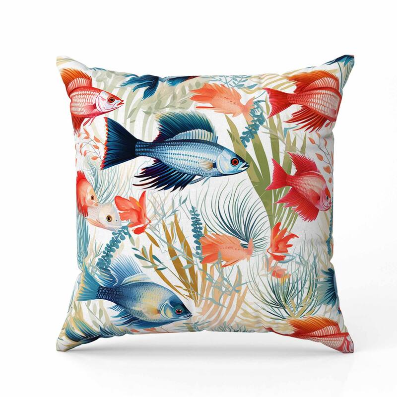 Fish paradise Faux Suede Reversible Throw Pillow Blue and Red