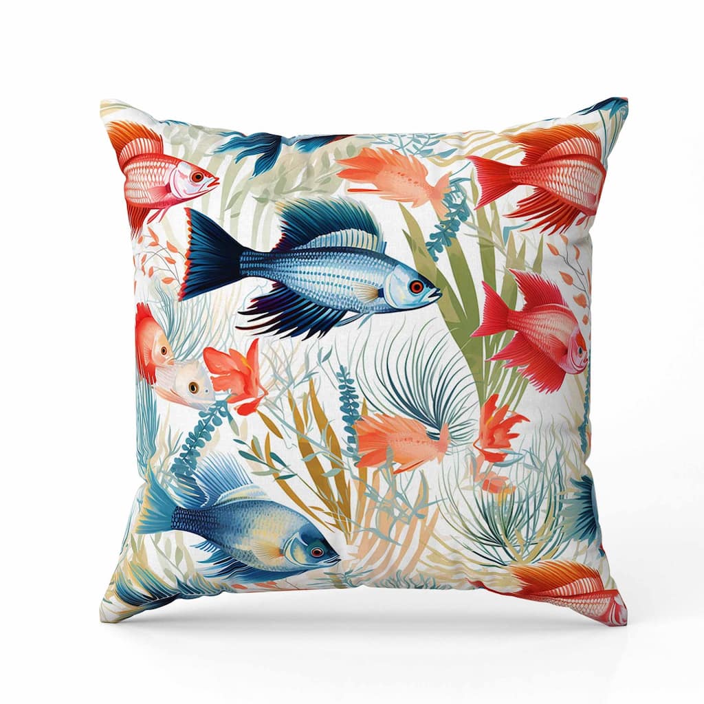 Fish paradise Faux Suede Reversible Throw Pillow Blue and Red