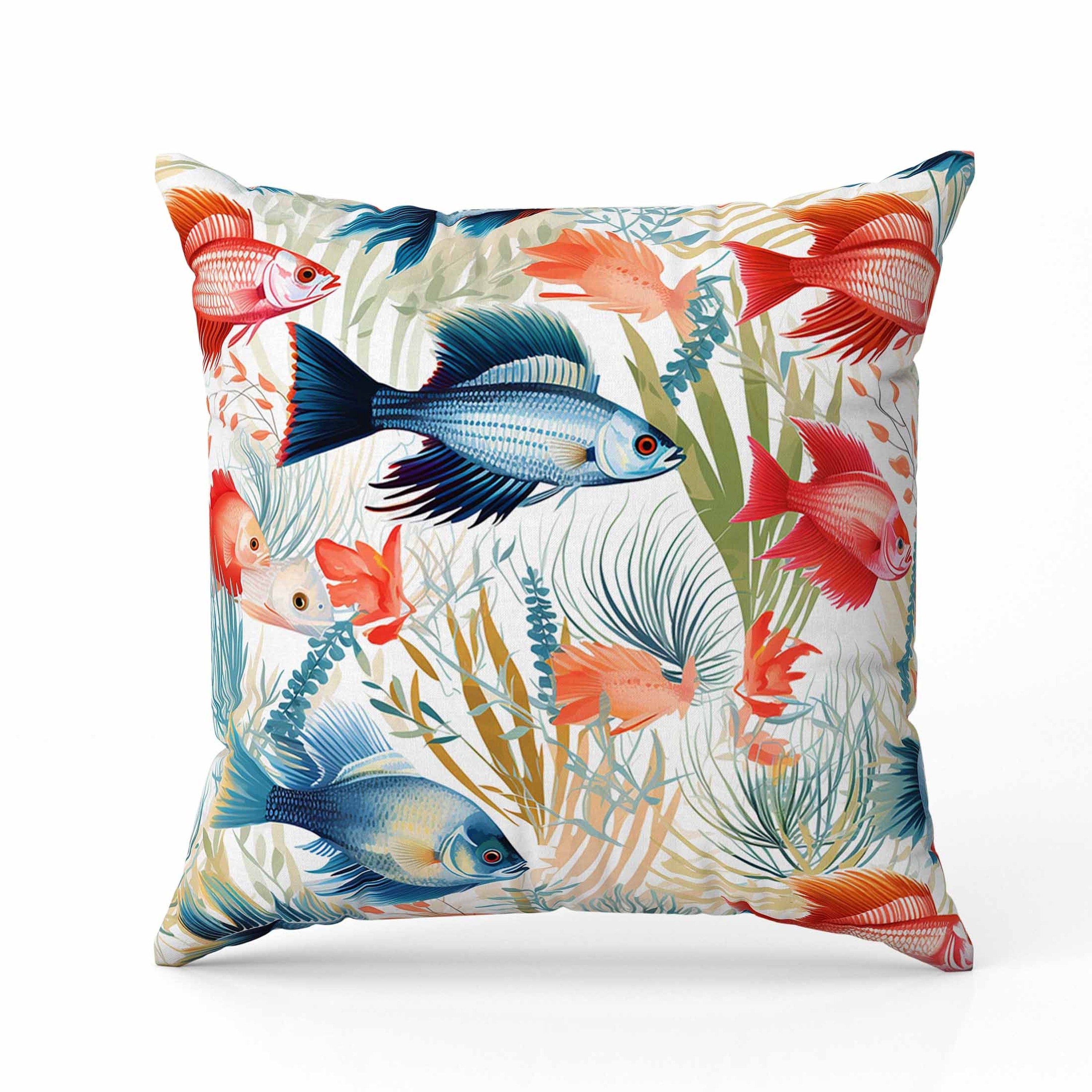 Fish paradise Indoor/Outdoor Reversible Throw Pillow Blue and Red