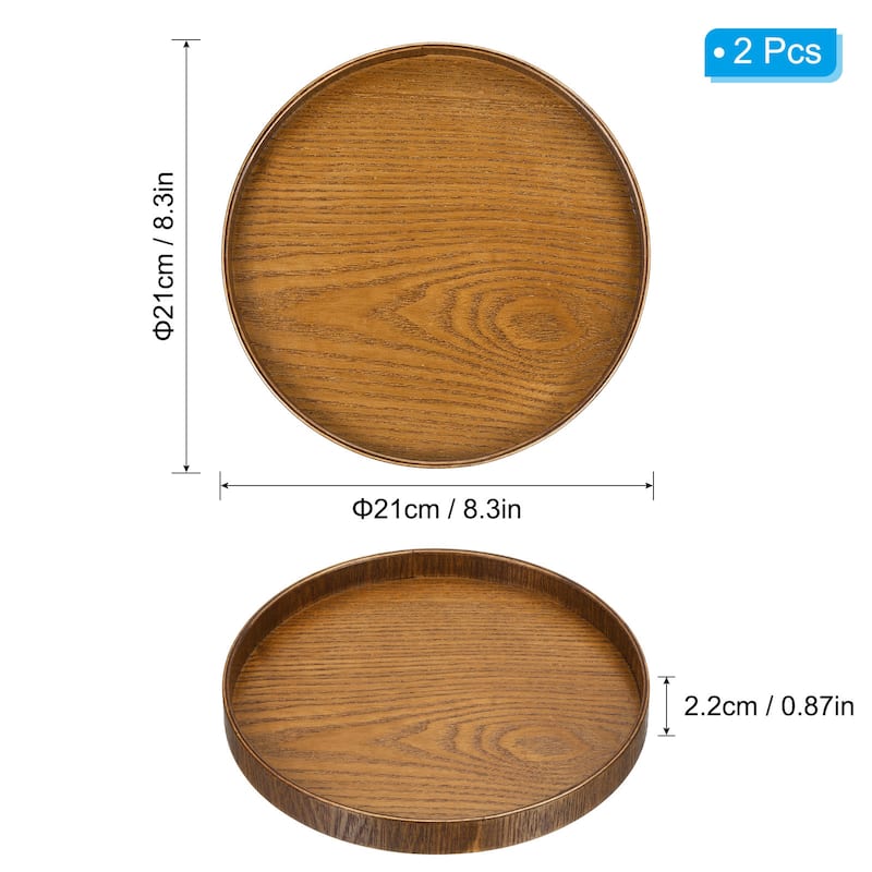 2pcs Wood Serving Tray Round Decorative Platter Home Kitchen Table - 8 Inch