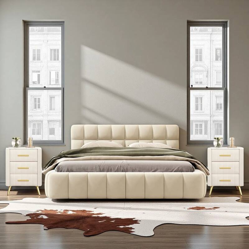 3-Pieces Bedroom Sets, Queen Size Upholstered Platform Bed with Thick Fabric ,and Two Nightstands with Metal Legs&Handles