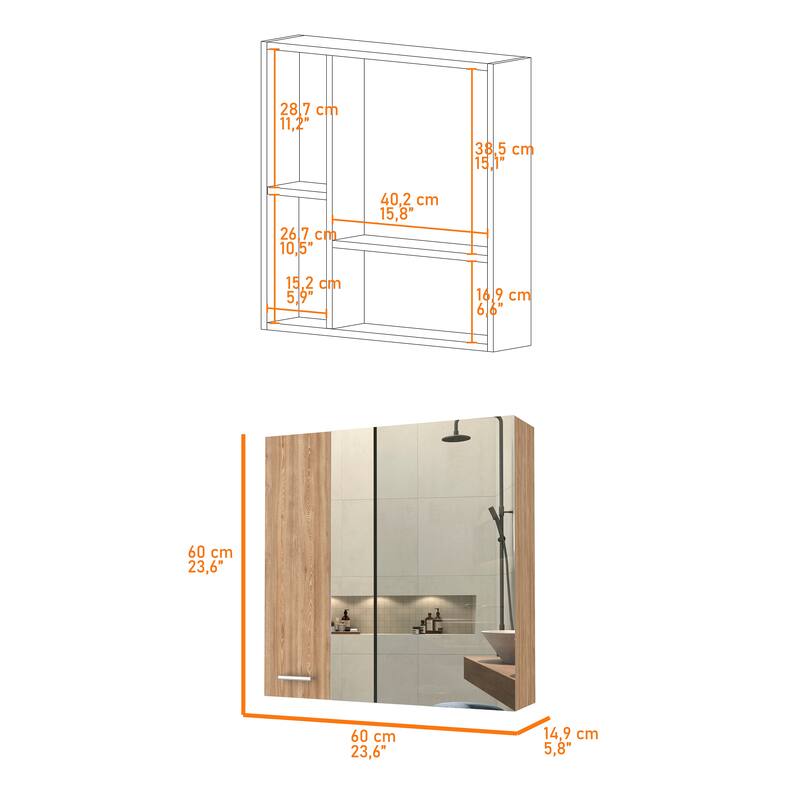 Prague 23.6" W x 23.6" H Mirror Medicine Cabinet, Single Door with 4 Interior Shelves for Bathroom Storage