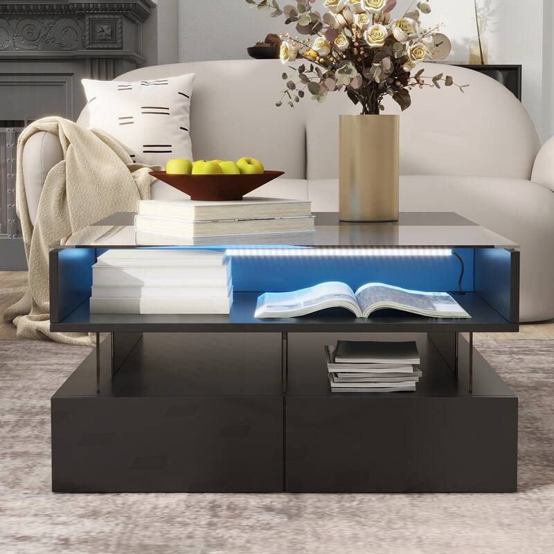 Square Coffee Table with Glass Top and High-Gloss Finish - Black