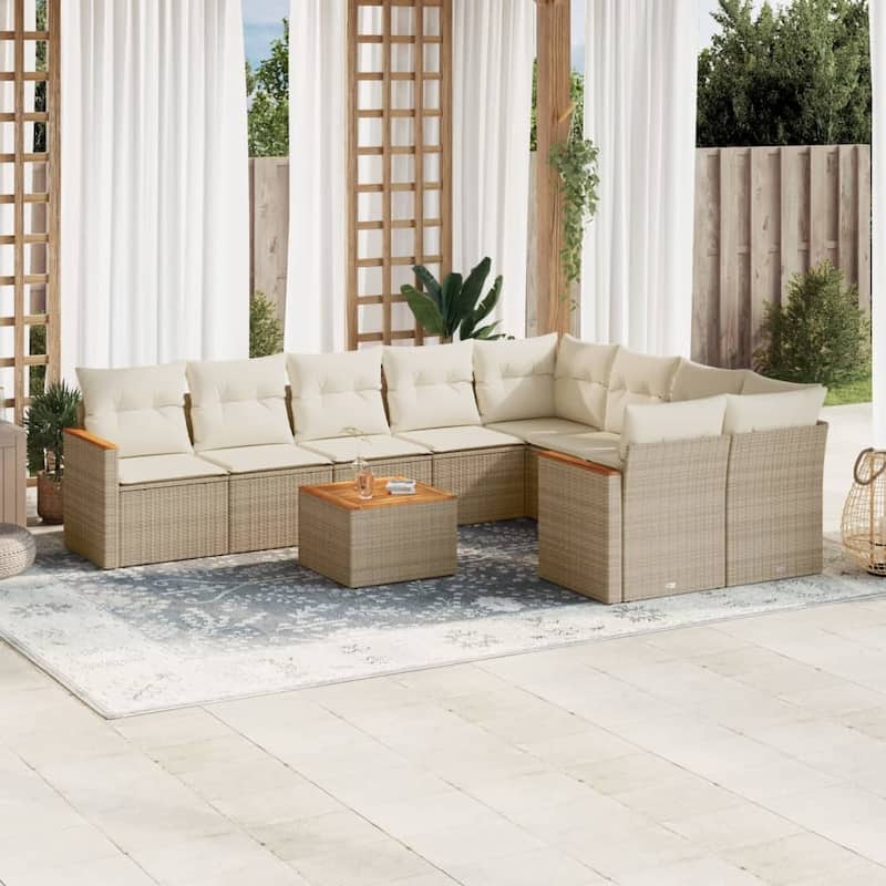 vidaXL Patio Sofa Set with Cushions Outdoor Conversation Furniture Poly Rattan - 24.4 x 24.4 x 27.2 in - Beige with table