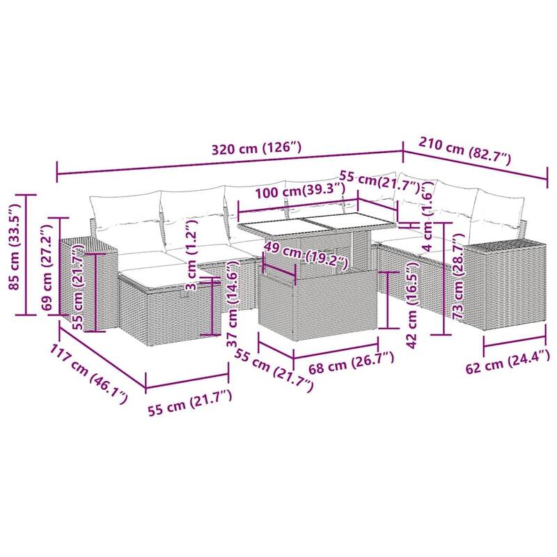 vidaXL Patio Sofa Set with Cushions Sectional Couches 9 Piece Poly Rattan - 24.4 x 24.4 x 27.2