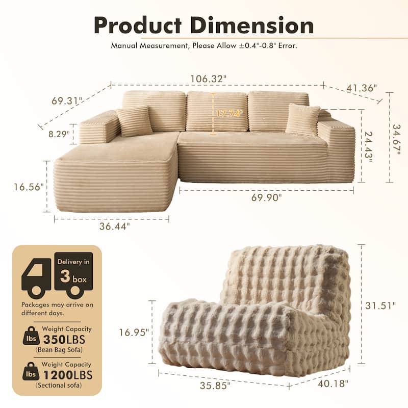 XIZZI Modern Plush Sectional Chaise Couch with Bean Bag Chair