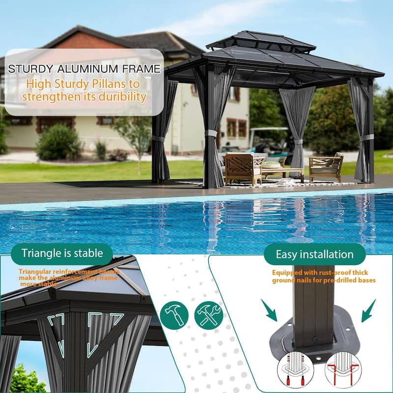 Heavy Duty Double Roof Outdoor Gazebo, with Netting and Sunshade Curtains