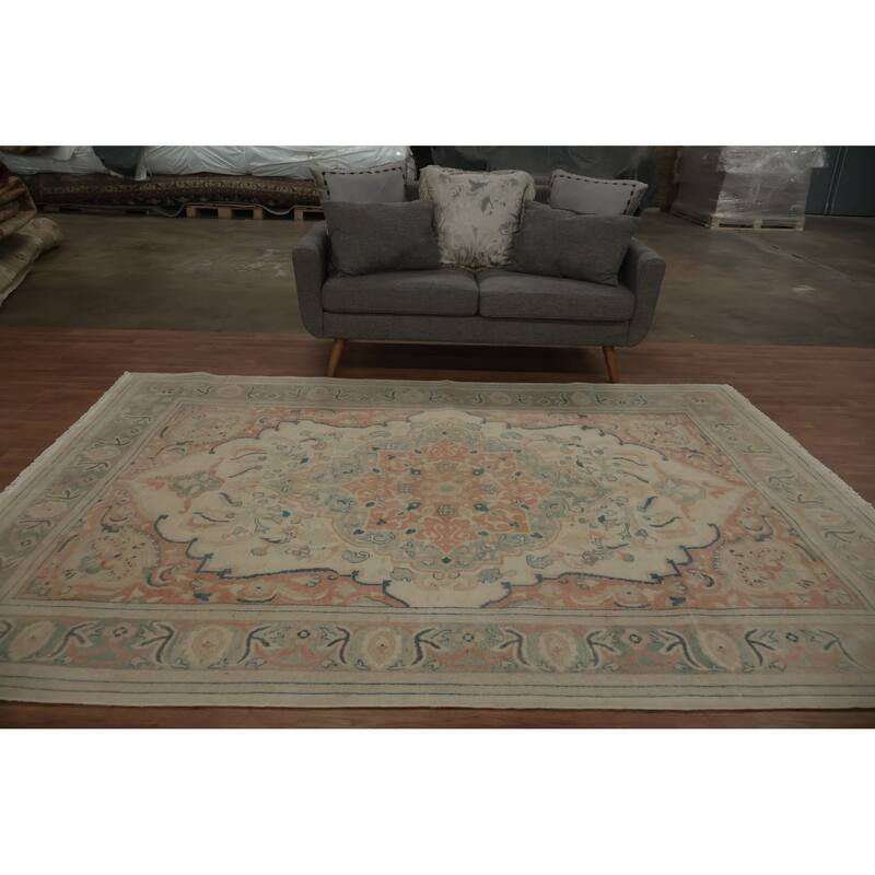 Hand Knotted Oriental 100% Wool Carpet Traditional Floral Beige & Ivories Ziegler Area Rug - 9' 6'' X 6' 9''