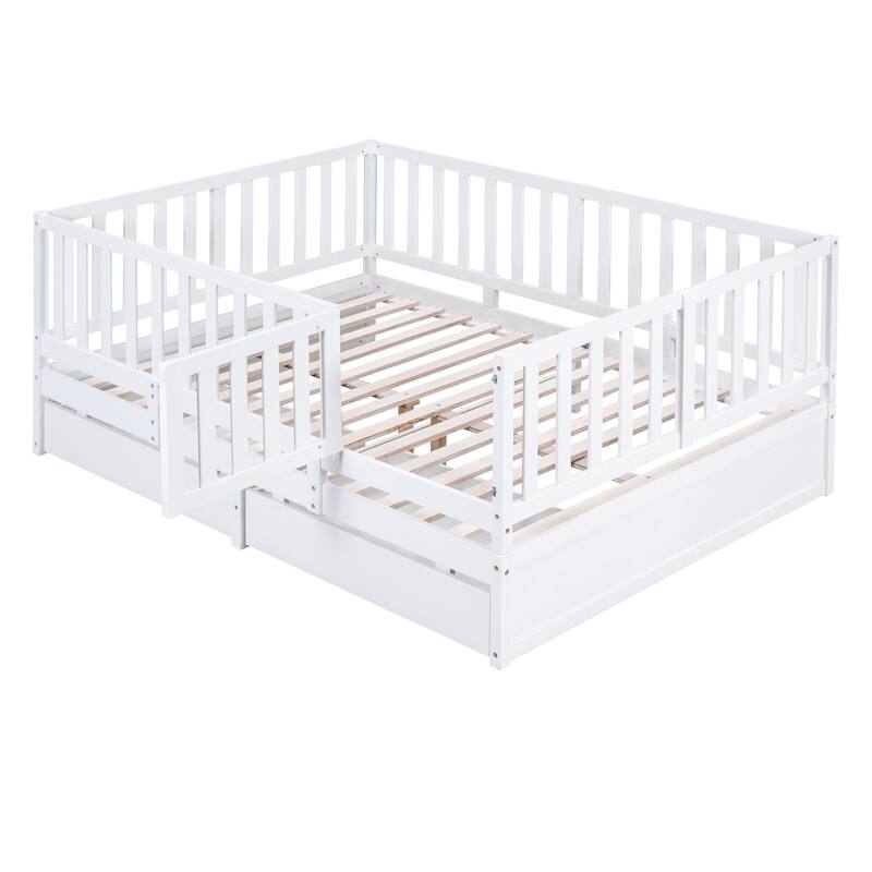 Modern Wood Daybed with Fence Guardrails and 2 Drawers