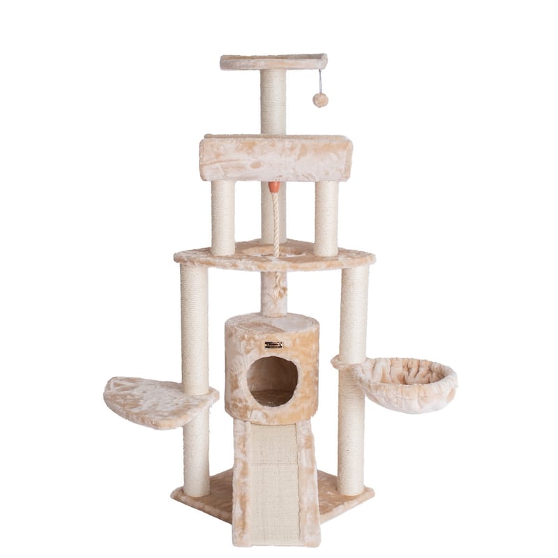 Thick Wood Cat Tower With Basket Lounge, Ramp, Beige
