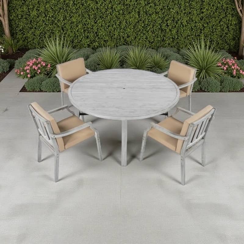 4-Piece Outdoor Wooden Dining Set with Cushioned Chairs and Umbrella Hole, Acacia Wood Patio Table and Chairs - Grey