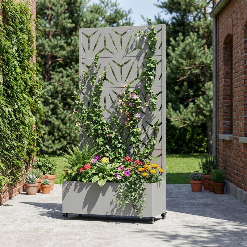 Metal Galvanized Planter Box with Trellis Privacy Screen Lockable Wheels - Grey-Rectangle - 72"x35"