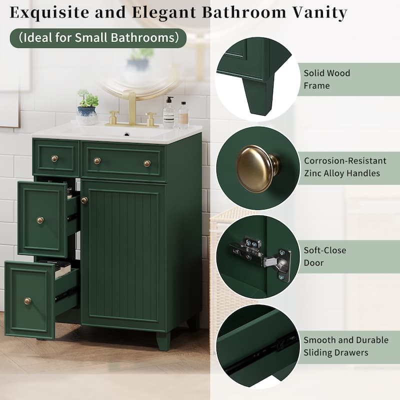 24"Bathroom Vanity Cabinet with Ceramic Sink, 2 Drawers, 1 Soft-Close Door