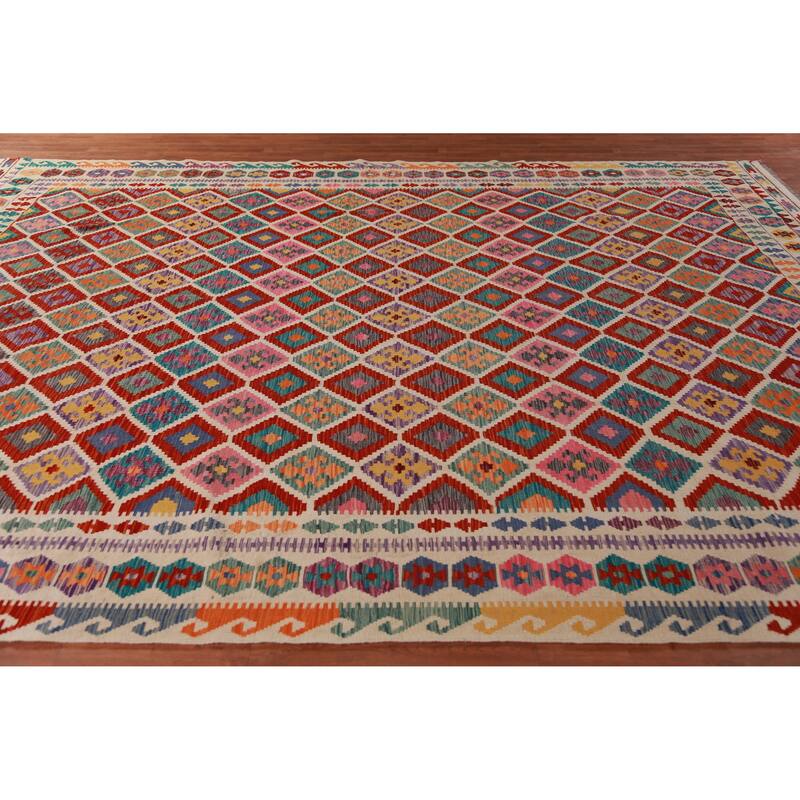 Reversible Trellis Kilim Oriental Area Rug Hand-Woven Wool Carpet - 10'3"x 13'5"