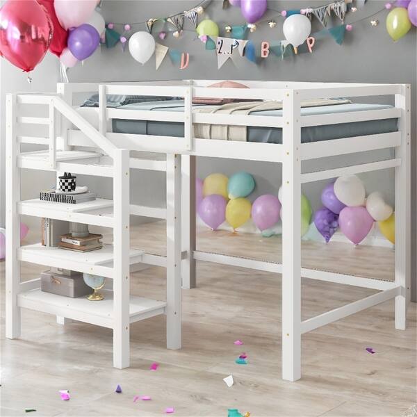 slide 2 of 12, Full Size Loft Bed with Built-in Storage Staircase and Clothes Hanger, Space-Saving