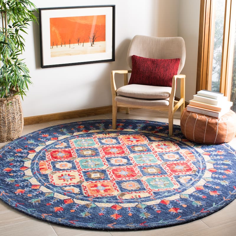 SAFAVIEH Handmade Aspen Kuang Boho Tribal Wool Rug - 7' Round - Navy/Orange