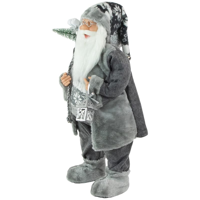 24" Gray and White Santa Claus with Lantern Christmas Figure