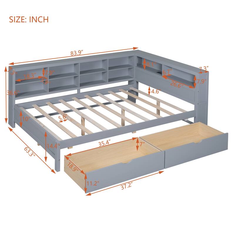 Wooden DayBed with 2 Drawers, Storage Shelf and USB Charging Ports