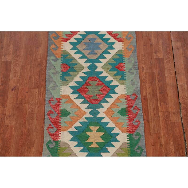 Hand Woven Oriental 100% Wool Carpet Southwestern Geometric Green Kilim Runner Rug - 13' 1'' X 2' 7''