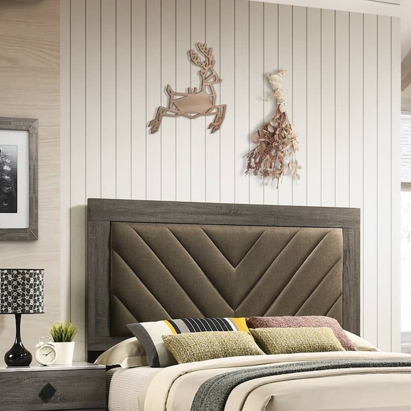 Queen Size Rubberwood Upholstered Platform Bed Frame with V-Shaped Fabric Headboard