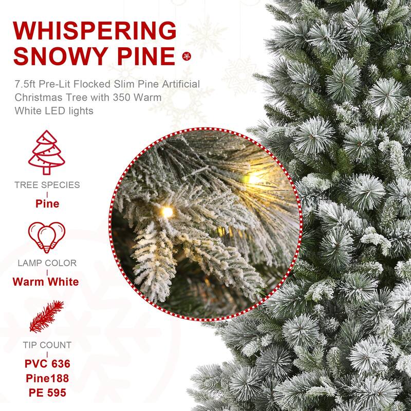 Glitzhome 7.5ft/9ft/11ft Pre-Lit Flocked Slim Pine Artificial Christmas Tree w/ Foot Pedal & Remote Control