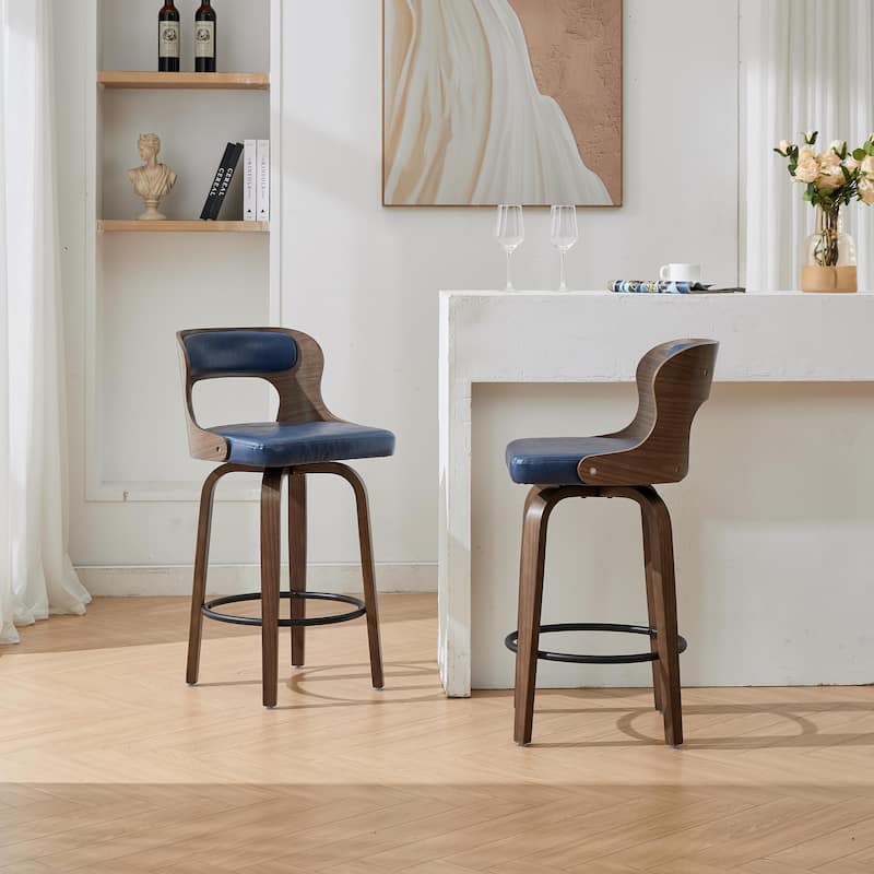 SEYNAR PU Leather 360 Degree Swivel Open Back Bar Stools Wood Legs Set of 2