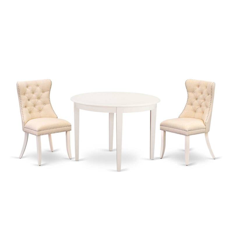 HomeStock 3-Pc Linen White Finish Round Solid Wood Top Dining Table Set
