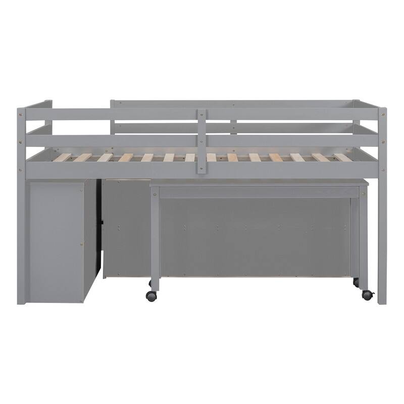 Twin/Full Size Low Loft Bed with Retractable Writing Desk and 4 Drawers, Wooden Loft Bedframe w/ Lateral Portable Desk & Shelves