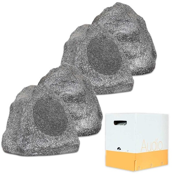 Theater Solutions 4R8G Outdoor 8" Granite Rock 4 Speaker Set and Wire Yard Pool