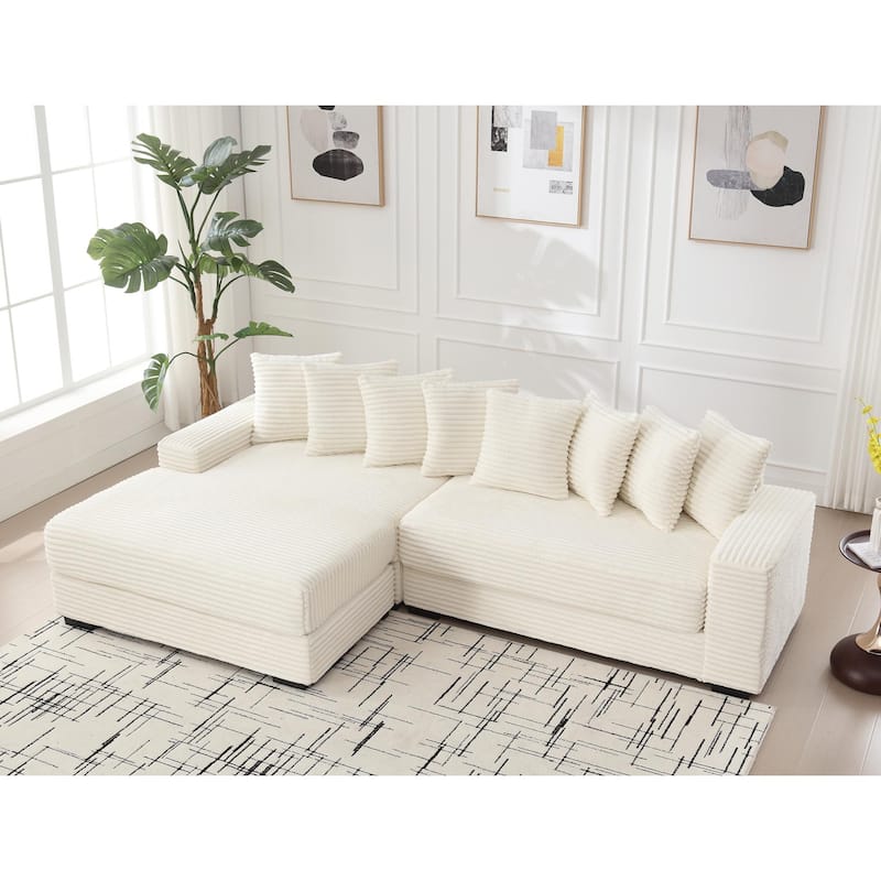 111" Corduroy Upholstered L-Shaped Sectional Sofa with Oversized Chaise Longue and 8 Throw Pillows