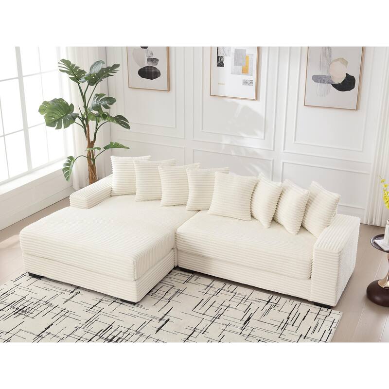 L Shaped Sectional Sleeper Sofa Corduroy Corner Sofa with Chaise Lounge and 8 Throw Pillows, Oversized Modular Daybed