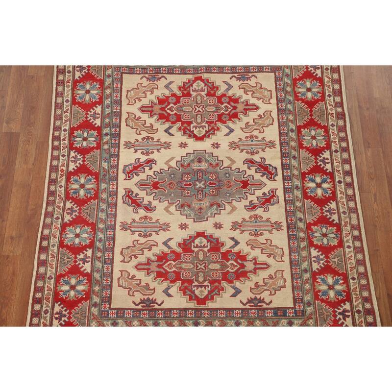 Geometric Kazak Area Rug Handmade Beige Wool Carpet - 4'10" x 6'6"