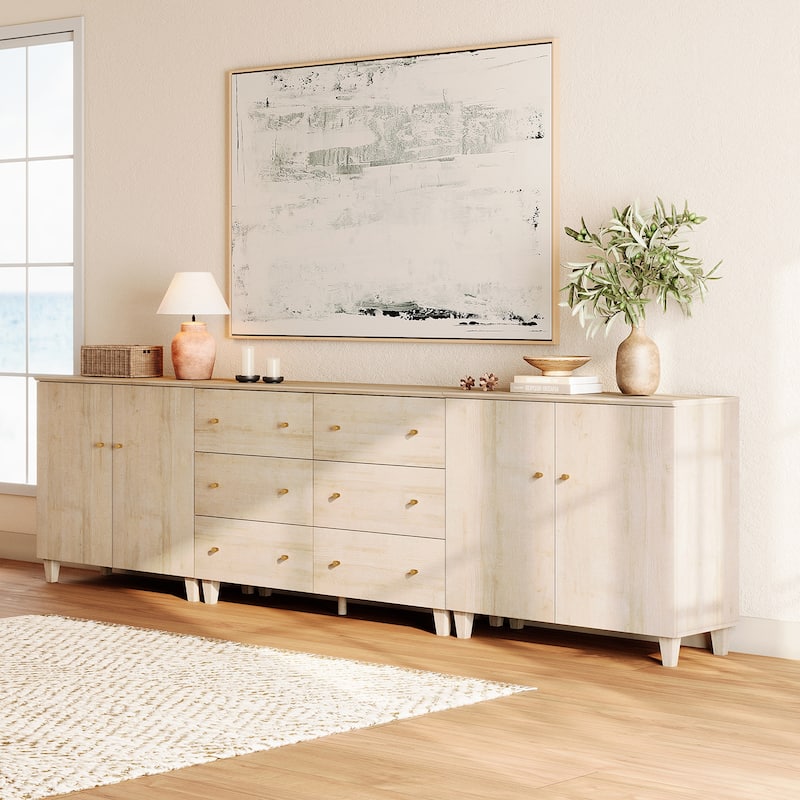 Wood Dresser with 6 Drawers and 2 Cabinets for Bedroom, 118" Wide - Light Oak