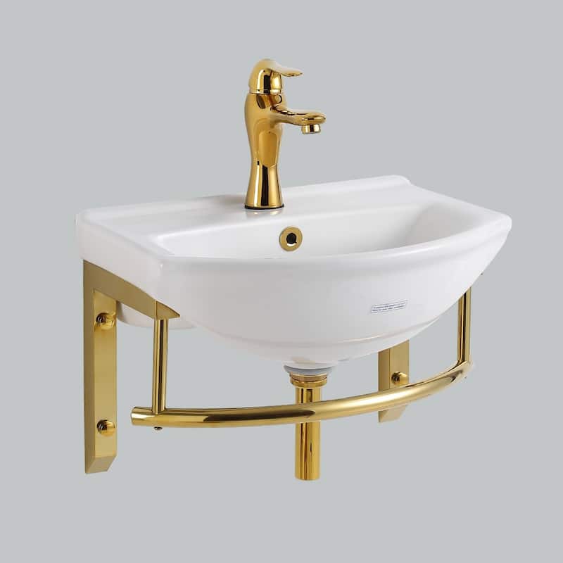 White Ceramic Wall Mount Bathroom Sink with Brass Faucet and Sink Drain