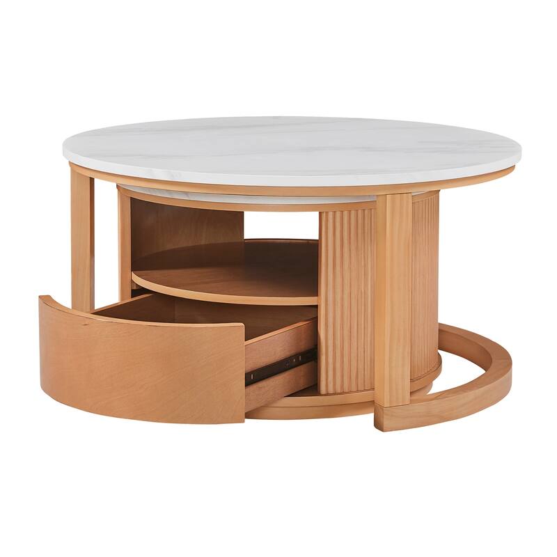 Round Nesting Coffee Table with White Marble Top, 2-Tier storage and 1 drawer, Natural, 28.5"