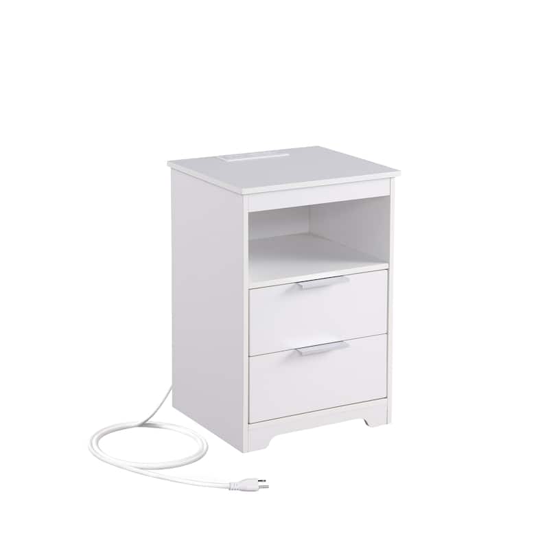 White End Table Side Table Nightstand with 2 Drawers, Lamp Table Dressing Table with Open Shelf and Charging Station