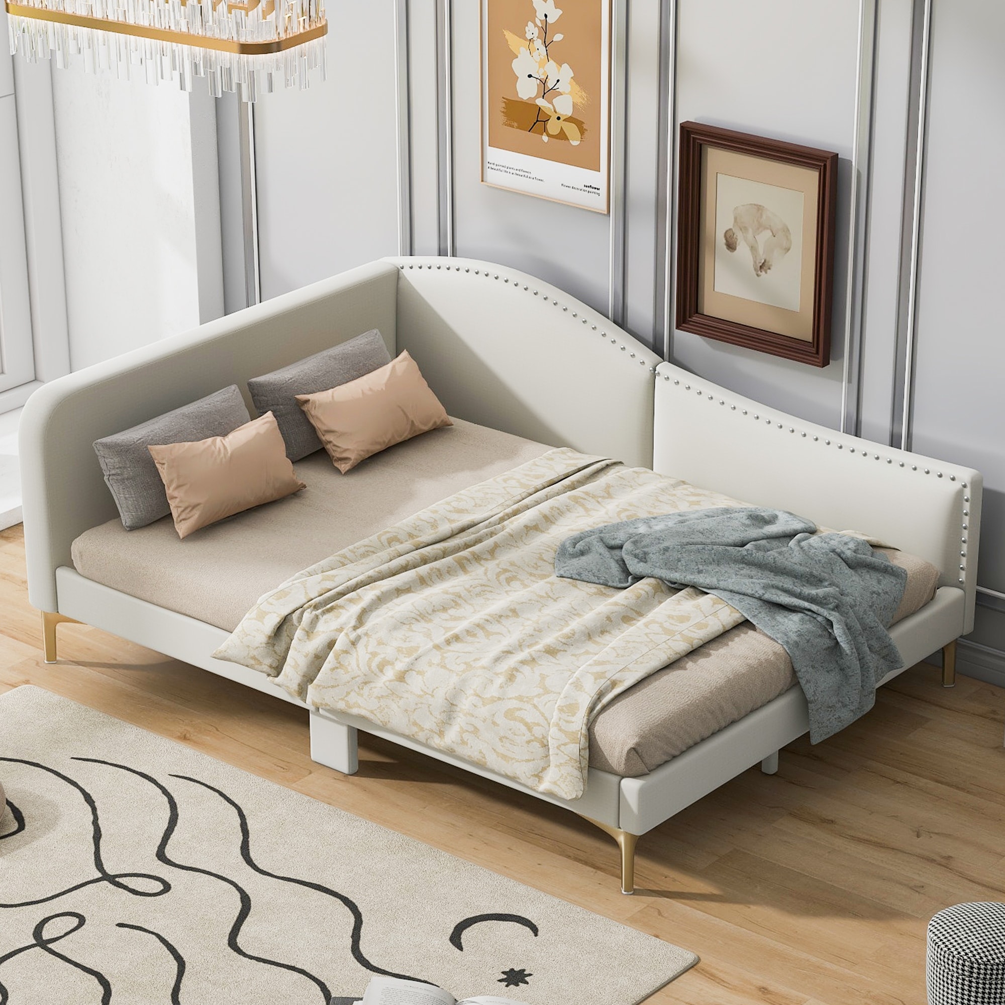 Modern Upholstered Daybed with Support Legs,Headboard and Armrest for Bedroom