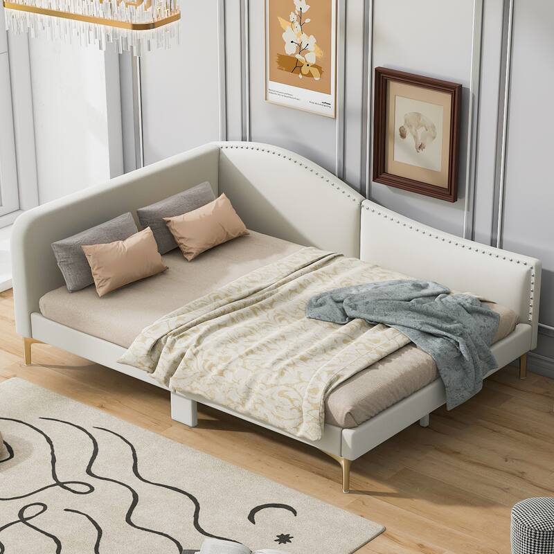 Modern Upholstered Full Size Daybed with Headboard and Armrest, Beige Linen Fabric, Sturdy Wood Frame - Beige