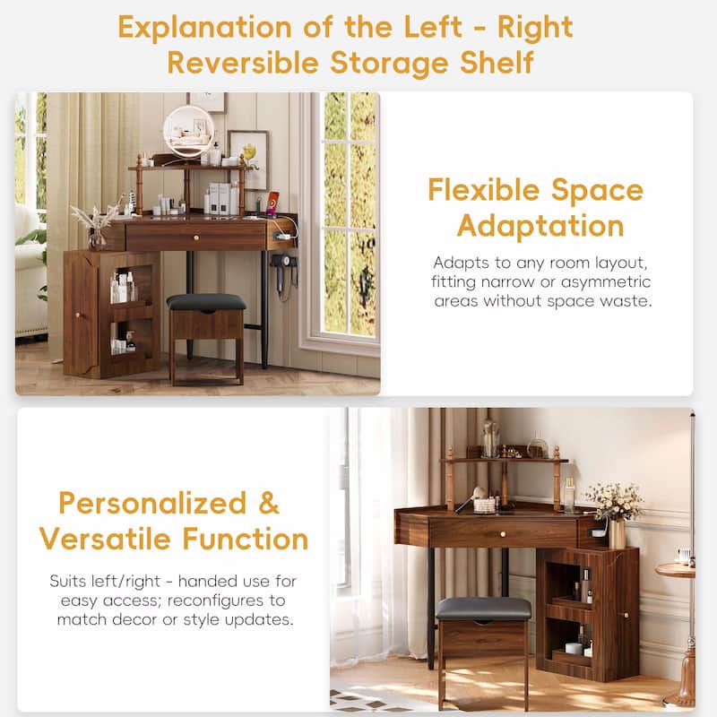 Triangle Makeup Desk with Removable Pull-Out Side Cabinet, Glass Tabletop Makeup Vanity with Drawer and Shelf